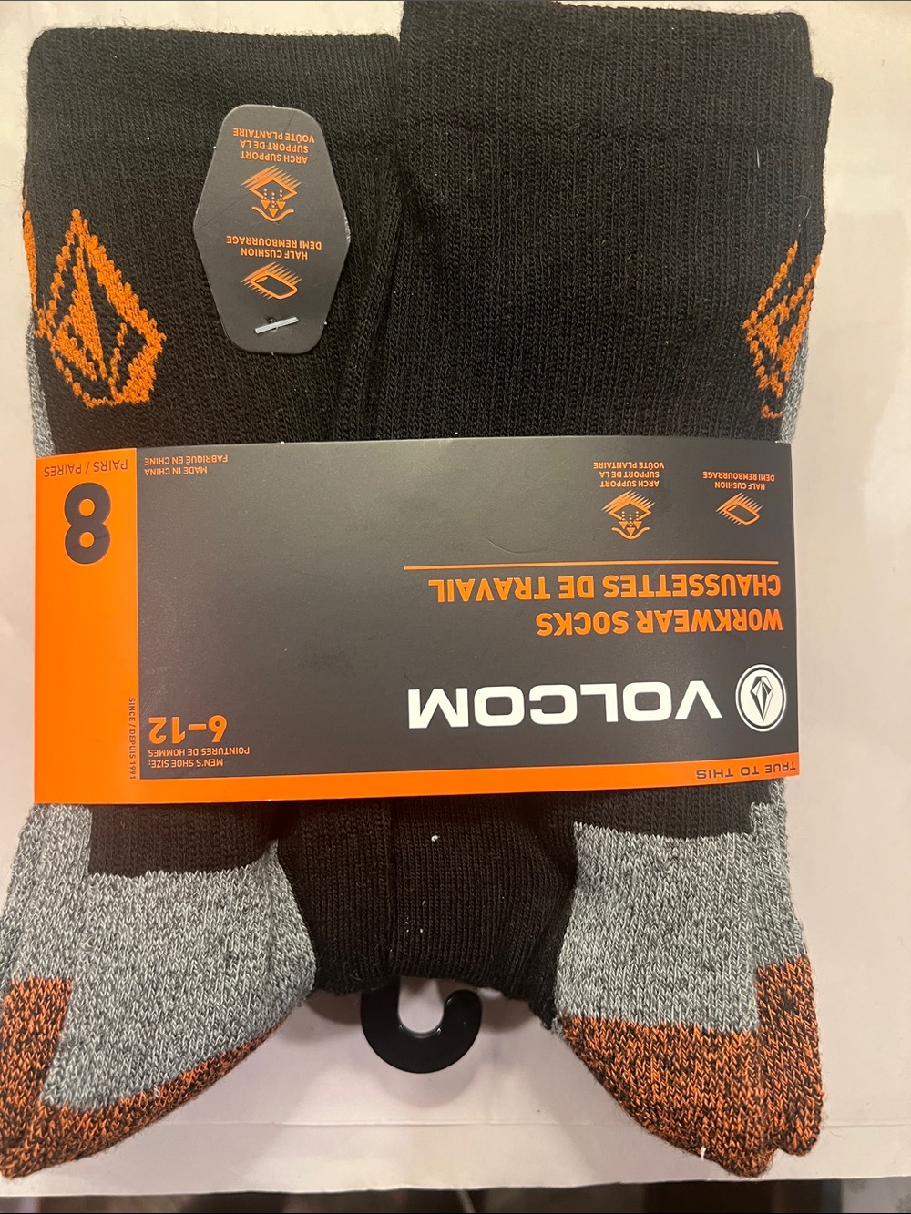 Volcom Black, Gray & Orange Workwear Casual Socks - Pack of 8
